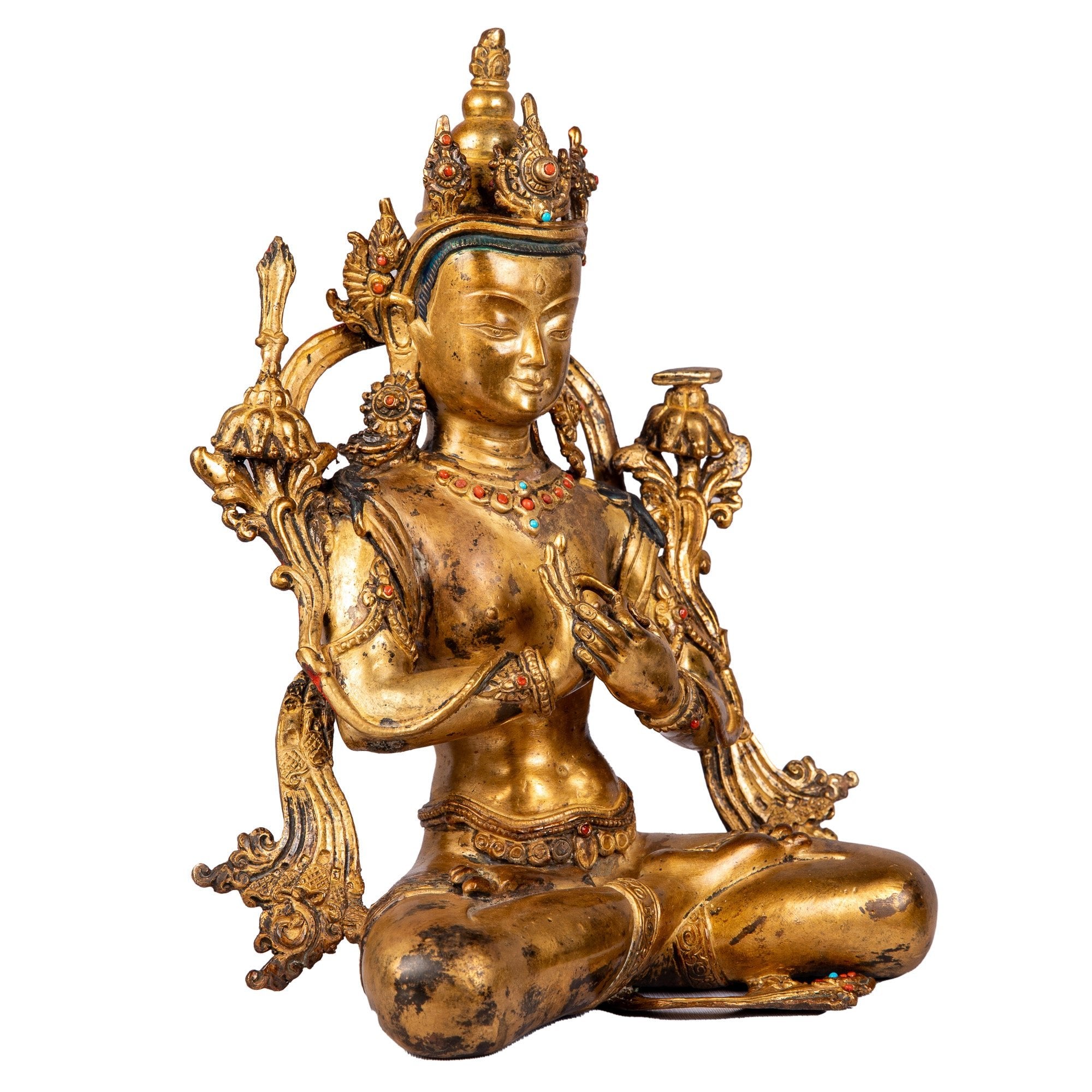 Manjushree bronze statue — right side view highlighting posture, jewelry, and gold gilding.