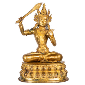 Manjushri gilt bronze statue 33 cm 4.145 kg Nepal front view Himalayart