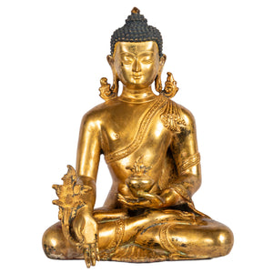 Medicine Buddha Bhaisajyaguru gilt copper bronze statue 22 cm front view Himalayan art Nepal