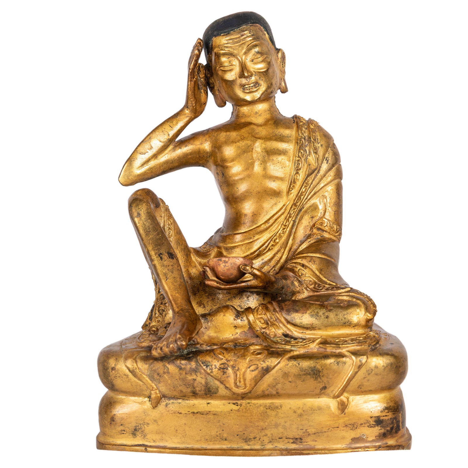 Milarepa bronze statue Tibetan yogi listening gesture Himalayan art