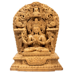 Prajñāpāramitā wood statue (39.5 cm, 3 kg) — front view, four arms, small Buddha above.