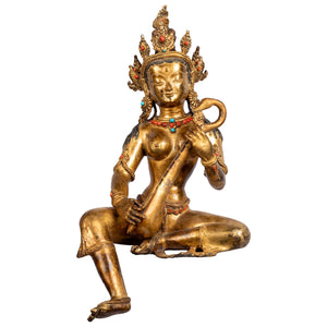 Saraswati – antique-style bronze statue handcrafted in Patan, Nepal by Newar master artisans, gilded with 24K gold and inlaid with gemstones