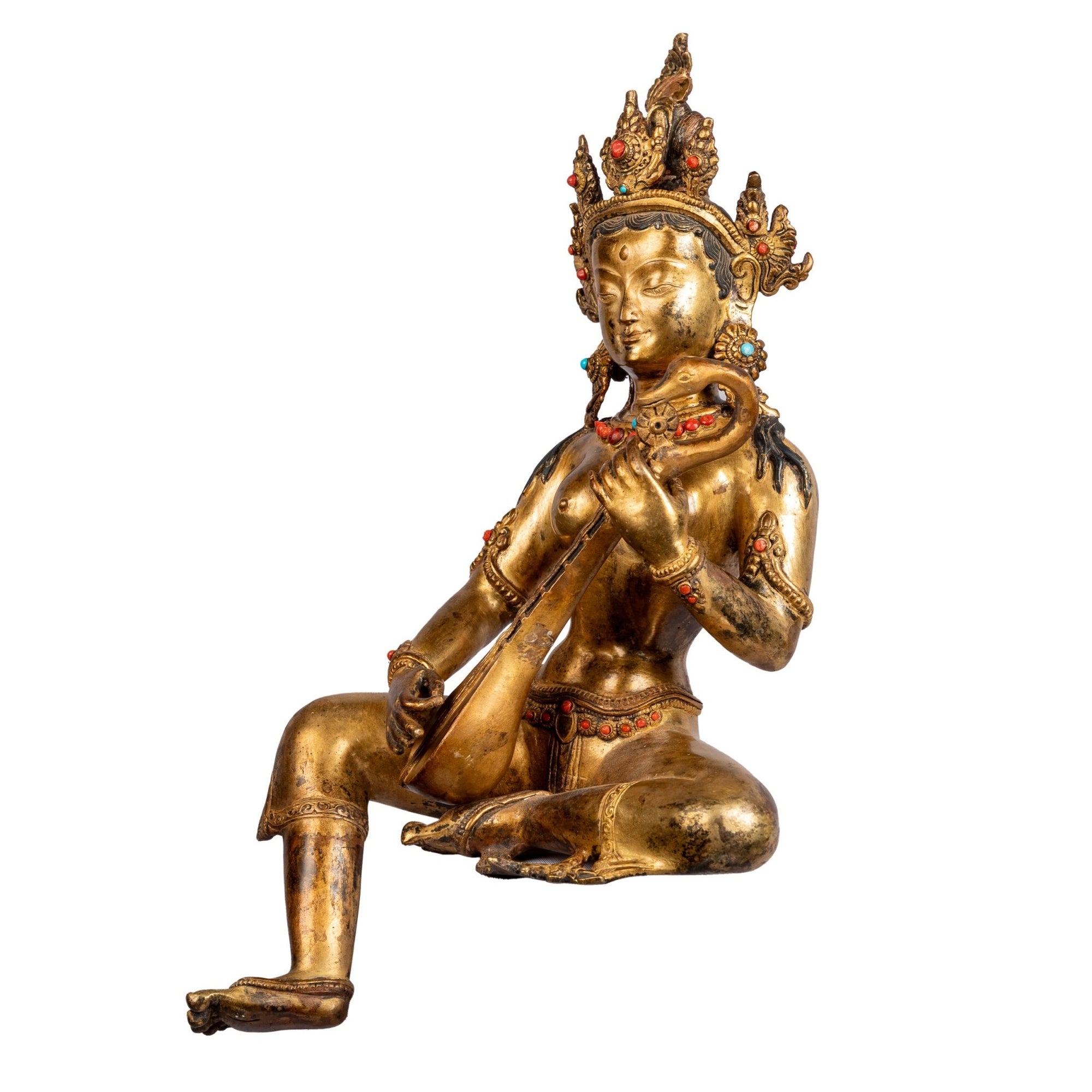Saraswati – antique-style bronze statue handcrafted in Patan, Nepal by Newar master artisans, gilded with 24K gold and inlaid with gemstones