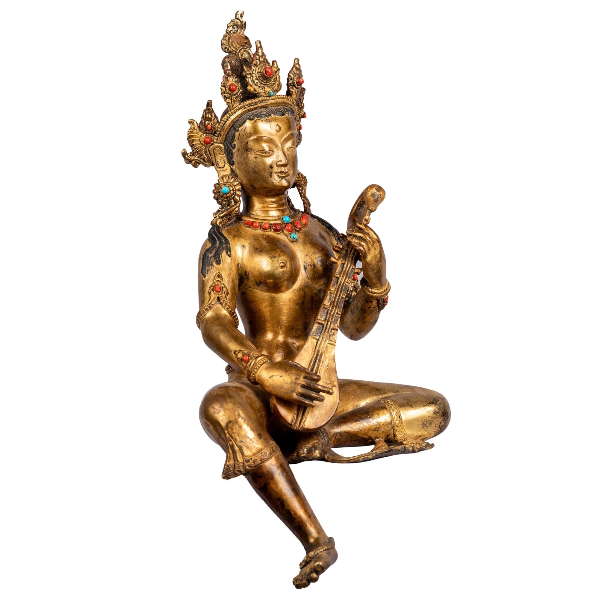 Saraswati – antique-style bronze statue handcrafted in Patan, Nepal by Newar master artisans, gilded with 24K gold and inlaid with gemstones