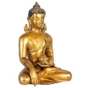 Shakyamuni Buddha gilt bronze sculpture Nepal earth touching gesture right view Himalayart