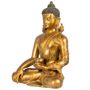 Shakyamuni Buddha bronze statue Nepal bhumisparsha mudra left view Himalayart