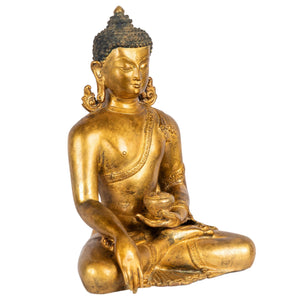 Shakyamuni Buddha gilt bronze sculpture Nepal earth touching gesture right view Himalayart