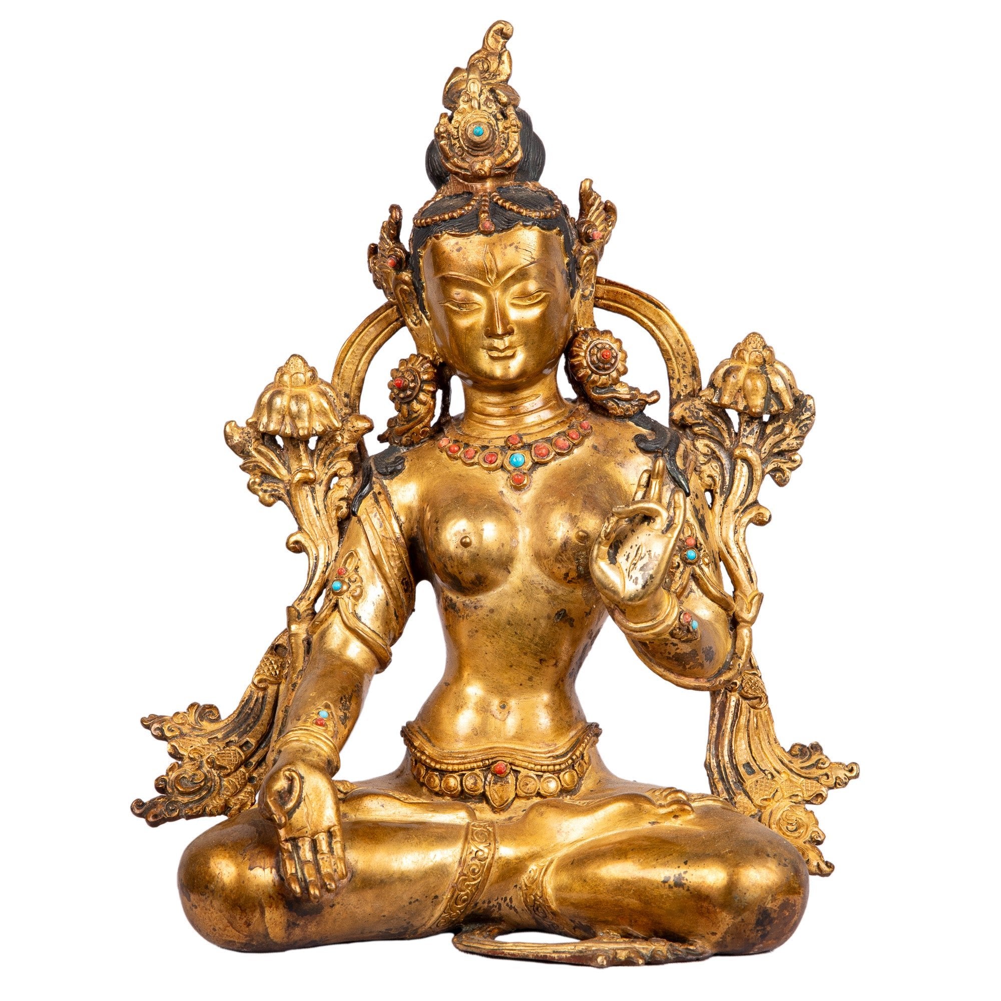 White Tara bronze statue (28 cm, 3.13 kg) — front view, 24 K gold gilded, Patan, Nepal.