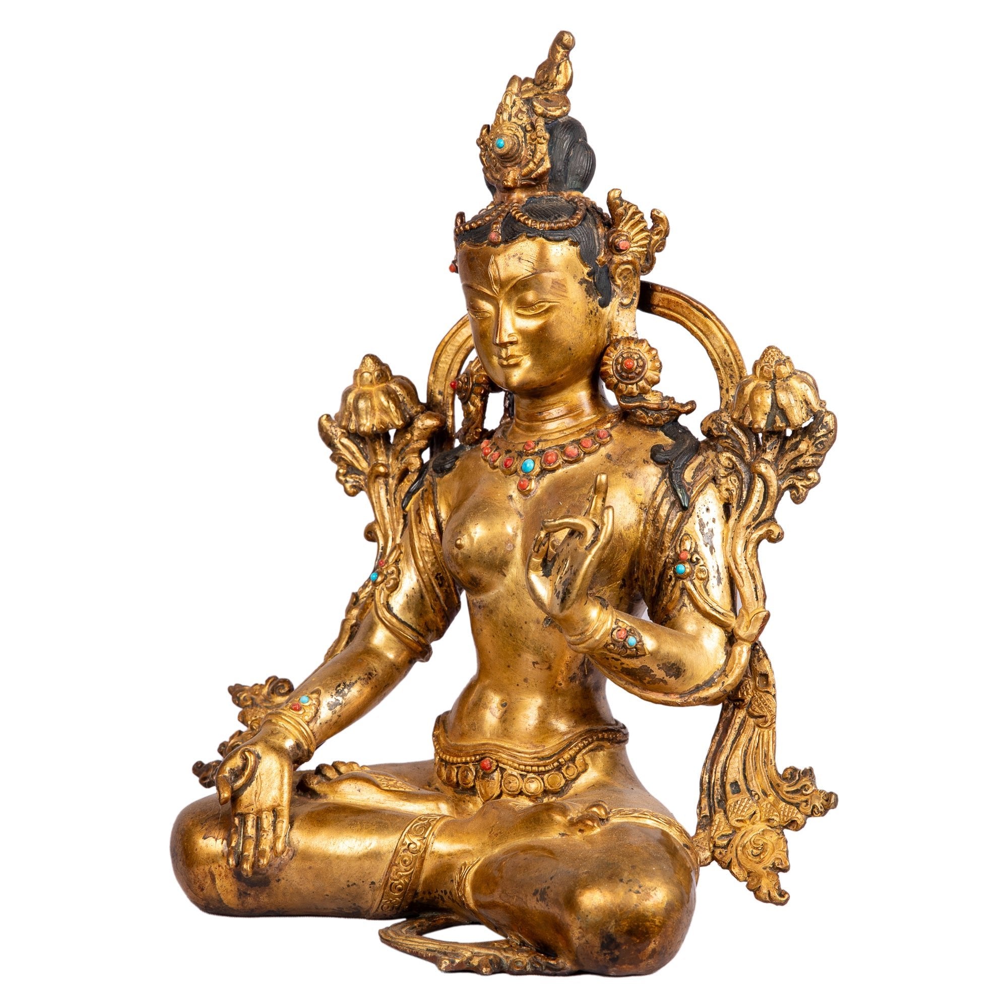 Left side view of White Tara bronze statue (3.13 kg) — showing ornaments and mudrā of protection.