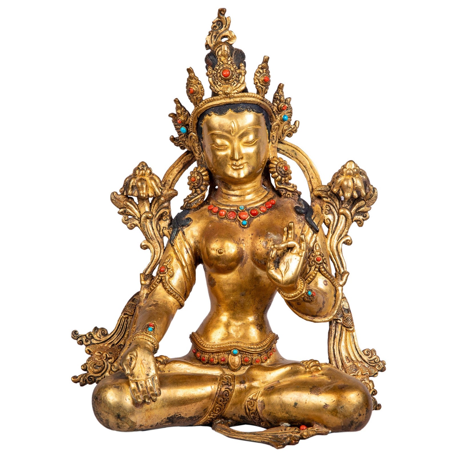 White Tara bronze statue — front view, 24 K gold gilded, Patan, Nepal.