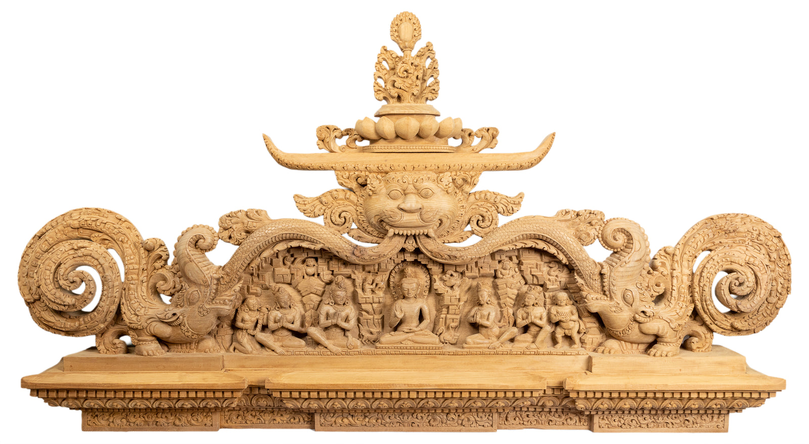 Hand-carved Newar wood reproduction of the Yetakha Baha temple torana, inspired by the 10th–11th century original in Kathmandu Valley, Nepal.